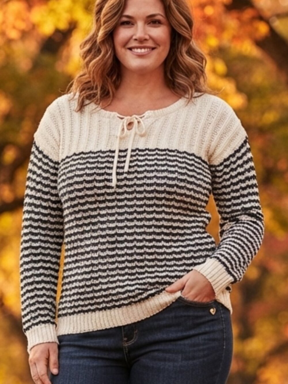 Roxy Women's Cream & Black Striped Color-Block Knit Sweater with Necktie Size L